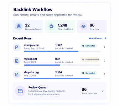 CleanBack Backlink Workflow con cronologia delle analisi e coda di revisione