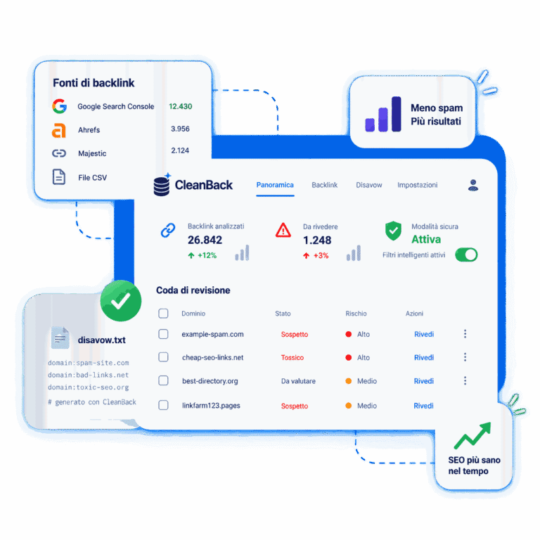 Dashboard CleanBack per gestione backlink, Review e file Disavow